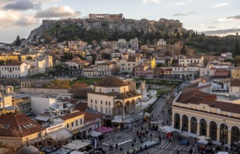 View over the old town of Athens, with Tzisdarakis Mosque and Acropolis, Monastiraki Square, in the