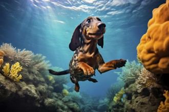 Dachshund diving in a river, AI Generated