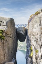 Kjeragbolten, trapped rock above the Lysefjord, Kjerag, Lysebotn, Rogaland, Norway, Europe