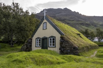 Hofskirkja church with grass roof and grass-covered graves, Öræfi region, South Iceland, Iceland,