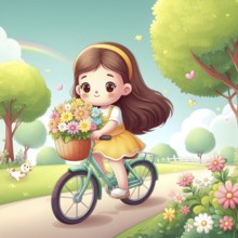 Cute anime girl on bicycle with flowers in a park, AI generated