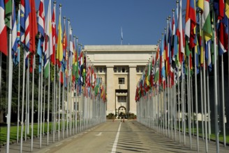 United Nations, UNO, UN, Flag Court, Palais des Nations, Geneva, Canton of Geneva, Switzerland,