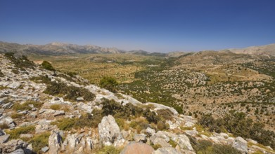 Lassithi plateau, rocks, Machia, view down to the plain, cloudless blue sky, mountains, Lassithi,