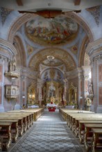 Interior view of nave and high altar, Parish Church of Ortisei, Val Gardena, South Tyrol, Italy,