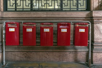 Five letterboxes in front of the main post office, all but one are taped shut, Gnua, Italy, Europe