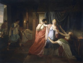 Proculeius prevents Cleopatra from stabbing herself, prevents suicide, Pharaoh Cleopatra VII born