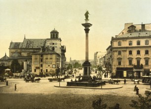 Sigismund's Column on Castle Square in Warsaw, Poland, c. 1890, Historic, digitally enhanced