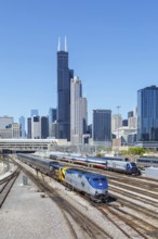 Skyline with Amtrak Southwest Chief train railway at Union Station in Chicago, USA, North America