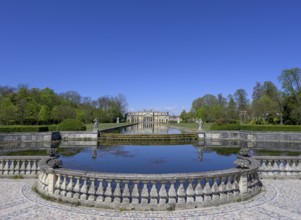 View over the reflection pool to the riding stable, Villa Pisani, Stra, Province of Venice, Italy,