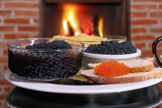 Different kinds of caviar with bread and beverages, AI generated