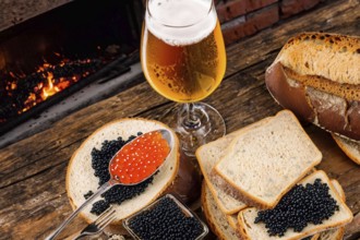 Different kinds of caviar with bread and beverages, AI generated