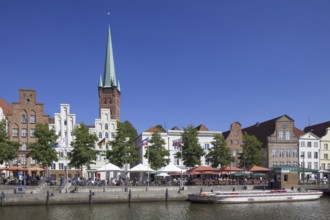 View over the Lübecker St. Petri Church, Petrikirche along the river Obertrave at Lübeck,