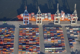 Aerial view of the container ship of the shipping company Hamburg Süd the Santa Teresa at the