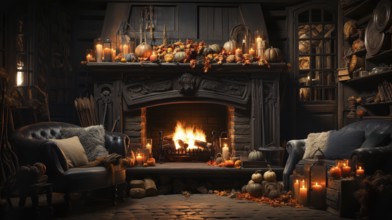 Fall and halloween decorated cozy fireplace interior setting, generative AI