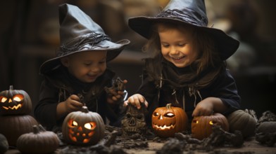 Cute little children dressed up for halloween decorating with pumpkins and goblins, generative AI