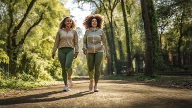 Happy african american female friends enjoying a healthy run in the park together. generative AI