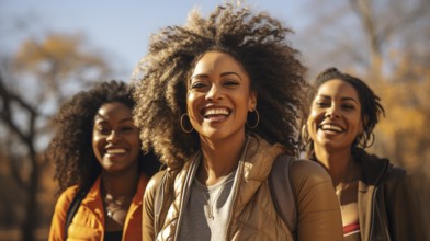 Happy african american female friends enjoying a healthy run in the park together. generative AI