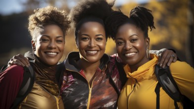 Three african american female friends getting together in the park for some exercise. generative AI