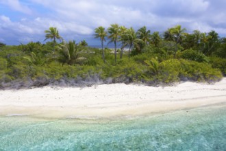 Aerial view, Typical island landscape, uninhabited island, lagoon, sandy beach, bushes and coconut