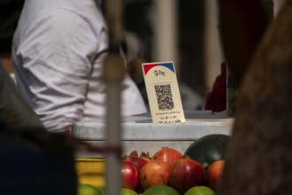 A Unified Payment Interface (UPI) barcode, or QR code, is kept at a stall for customers to make