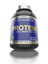 Sport nutrition, bodybuilding supplements, diet concept, whey isolate protein jar with isolated on