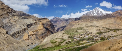 Panorama of Spiti valley and Kibber village in Himalayas. Spiti Valley, Himachal Pradesh, India,