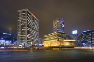 Seoul, South Korea, April 1, 2016 : Namdaemun Gate Sungnyemun at night with city traffic, Seoul,