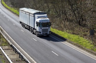 Scania Greener lorry HGV on A12 dual carriageway road, Loudham, Suffolk, England, UK