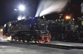 Steam locomotive of the Harz narrow gauge railway at night, Wernigerode, Saxony-Anhalt, Germany,