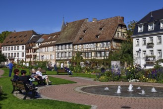 Half-timbered facades on Quai Anselmann, Wissembourg, Weissenburg, Alsace, Prefecture Bas-Rhin,