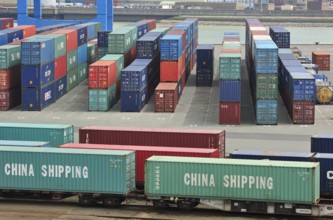 Stacked containers in the container terminal in the port of Zeebrugge, Belgium, Europe