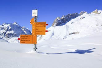 Signposts in the snow, Aletsch region, Switzerland, Europe