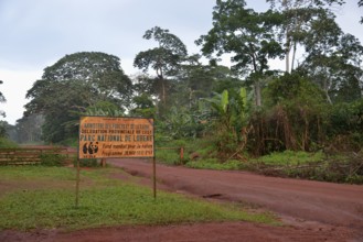 Sign at the entrance to Lobeké National Park, Moloundou District, East Region, Cameroon, Africa