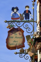 Sign at the restaurant Le Petit Marché, Eguisheim, Département Haut-Rhin, Region Grand Est, Alsace,