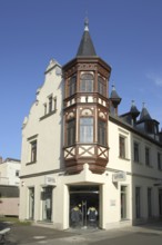 Villa with turret on the corner at the market place in Bad Kissingen, Rhön, Lower Franconia,