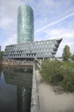 Reflection of the Westhafentower and Restaurant Frankfurter Botschaft, Westhafenplatz, Westhafen,