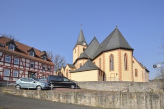 Romanesque St. Martin Church and half-timbered house, Bad Orb, Spessart, Hesse, Germany, Europe