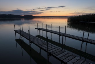 Lake Waginger See, jetty at sunset, Kühnhausen, Berchtesgadener Land, Bavaria, Germany, Europe