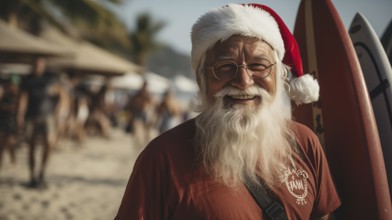 Surfer santa claus enjoying a tropical vacation on the beach. generative AI