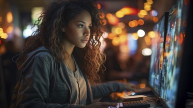 Busy young african american girl working on a computer in an office setting. generative AI