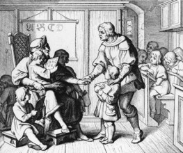 Martin Luther being led to school, Germany, room, teacher, children, school desk, sitting, father,