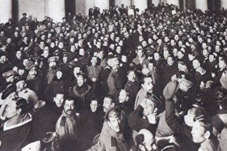 Soldiers and sailors attending a meeting in the Tauride palace, Saint Petersburg, 1917, Russia,