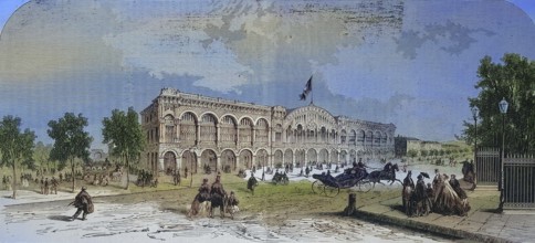 The new central station in Turin in 1869, Italy, Historic, digitally restored reproduction of an