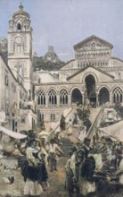 Market scene in Amalfi, Italy, in front of the cathedral, 1880, Historic, digitally restored