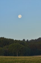 Sunrise with the moon in the sky above fields and forests, Upper Palatinate, Bavaria, Germany,