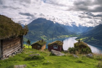 Traditional mountain huts on Rakssetra mountain pasture, Årheimsfjellet mountain, Loen, Stryn,