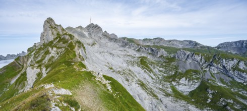 View of the summit of Säntis and Lisengrat, Rotsteinpass, high fog in the valley, Säntis, Appenzell