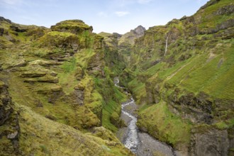 Mountain landscape with green canyon, waterfall and river in Múlagljúfur Canyon, Sudurland,