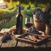 Food and drink background with red wine, fresh grapes and wine bottle. AI Generated, AI generated