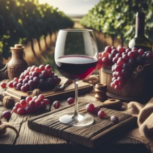 Food and drink background with red wine, fresh grapes and wine bottle. AI Generated, AI generated